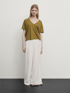 Massimo Dutti Cotton V-neck Women T-Shirt Olive | US-OX9420357