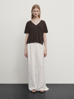 Massimo Dutti Cotton V-neck Women T-Shirt Dark Brown | US-NV4568729