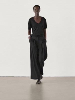 Massimo Dutti Cotton V-neck Women T-Shirt Black | US-MV6342805