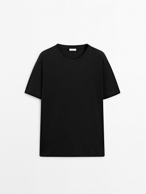 Massimo Dutti Cotton Wide Fit Men T-Shirt Black | US-KX6819037