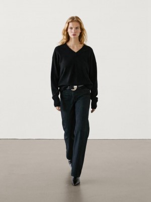 Massimo Dutti Cotton Wide-leg Full Length Women Jeans Black | US-VZ5019832