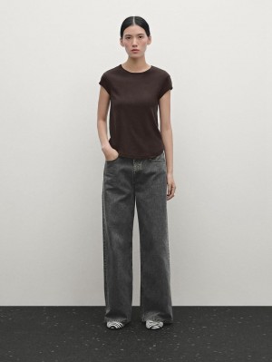 Massimo Dutti Cotton With Rounded Hem Women T-Shirt Dark Brown | US-ZB7653491
