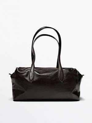 Massimo Dutti Crackled Nappa Satchel Women Shoulder Bag Dark Brown | US-KS6359271