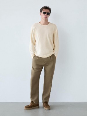 Massimo Dutti Crew Neck Knit Men Sweater Cream | US-UL7631248