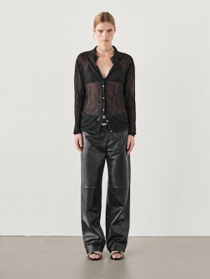 Massimo Dutti Crinkled Polo Collar Women Cardigan Black | US-ZS3978451