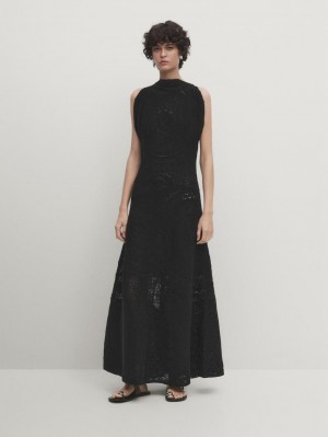 Massimo Dutti Crochet Midi With Embroidery Women Dress Black | US-QT3829657
