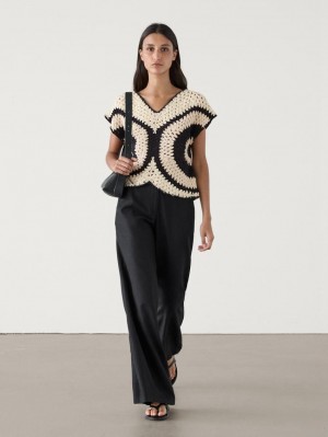 Massimo Dutti Crochet With Contrast Detail Women Top Black / Cream | US-GY9482501