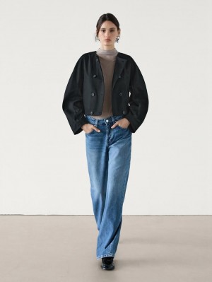 Massimo Dutti Cropped Double-breasted Cotton Women Jacket Black | US-CO6254918