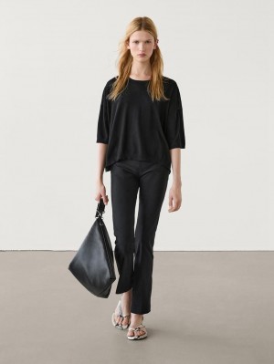 Massimo Dutti Cropped Knit Short Sleeve Women Sweater Black | US-SP0892137