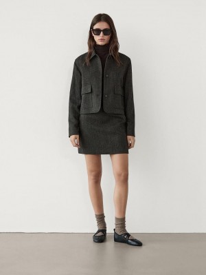 Massimo Dutti Cropped With Herringbone Detail Women Jacket Dark Brown | US-SC6519342