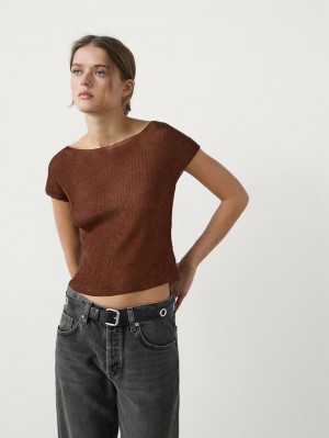 Massimo Dutti Cropped With Metallic Finish Women T-Shirt Dark Brown | US-GO9265830