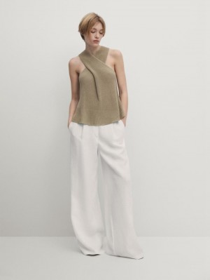 Massimo Dutti Crossover Halter Women Top Brown Beige | US-NW8461732