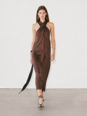 Massimo Dutti Crossover Halterneck Midi Women Dress Dark Brown | US-SO1976438