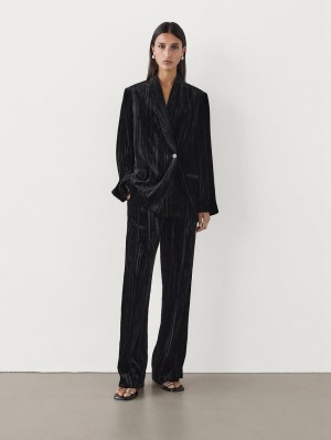 Massimo Dutti Crushed Velvet Women Blazer Black | US-DC7345926