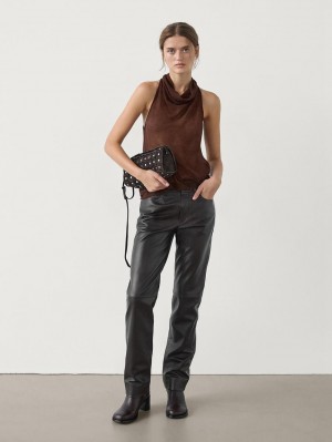 Massimo Dutti Cutwork Halter Women Top Brown | US-NQ2905431