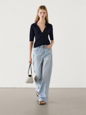 Massimo Dutti Cutwork With Polo Collar Women Sweater Navy | US-WL1842593