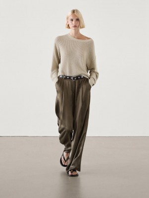 Massimo Dutti Darted Satin Wide-leg Women Trousers Olive | US-MR8643195