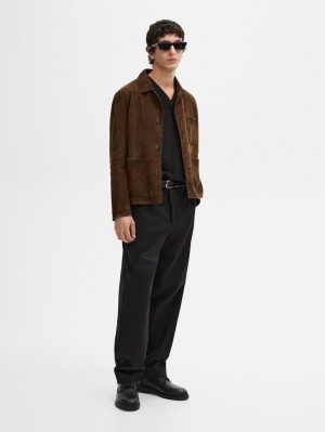 Massimo Dutti Distressed Effect Suede Overshirt Men Leather Jacket Dark Brown | US-RD3950741
