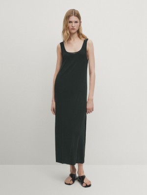 Massimo Dutti Double Fabric Midi With Straps Women Dress Dark Green | US-NH4591820