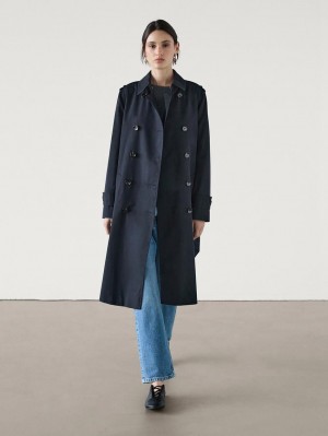 Massimo Dutti Double-breasted Cotton Women Trench Coat Dark Blue | US-NO7681904