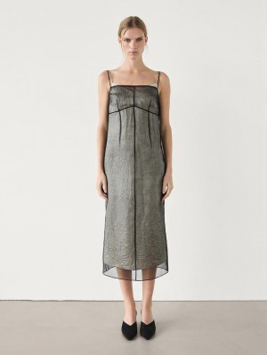 Massimo Dutti Double-layer Organza Midi Women Dress Black / Cream | US-WH7348610