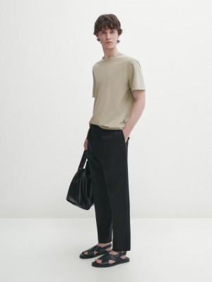 Massimo Dutti Dyed Effect Cotton Men T-Shirt Khaki | US-LI6783940