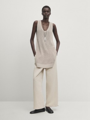 Massimo Dutti Elasticated Waistband And Adjustable Hems Women Trousers Beige | US-GZ3258941