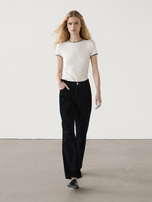 Massimo Dutti Fine Contrast Women T-Shirt Cream | US-JT4076312
