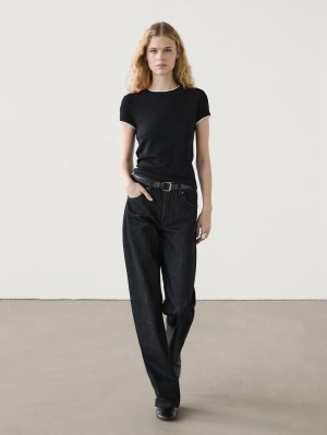Massimo Dutti Fine Contrast Women T-Shirt Black | US-OU4159023