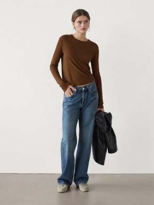 Massimo Dutti Fine Crew Neck Women T-Shirt Dark Brown | US-FB9671852