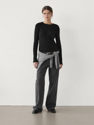 Massimo Dutti Fine Crew Neck Women T-Shirt Black | US-VG4562390