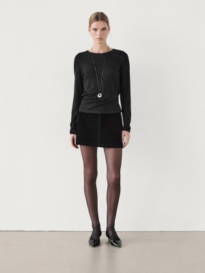 Massimo Dutti Fine Ribbed Women T-Shirt Black | US-ZC1506927