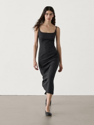 Massimo Dutti Fitted Midi With Adjustable Straps Women Dress Black | US-WE0718562