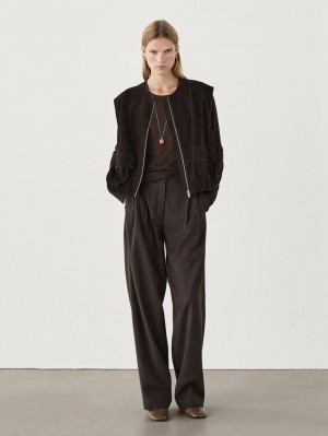 Massimo Dutti Flannel With Darts Women Trousers Dark Brown | US-UE2389671