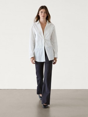 Massimo Dutti Flare Fit Full Length Technical Women Trousers Navy | US-UI5342016