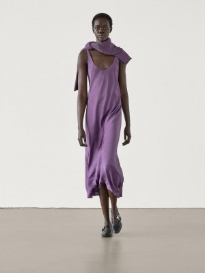 Massimo Dutti Flared Midi Slip Women Dress Purple | US-RI8637492