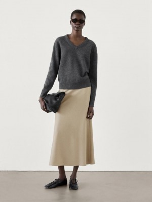 Massimo Dutti Flared Midi With Seam Details Women Skirts Cream | US-VK5637182