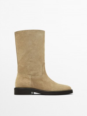 Massimo Dutti Flat Split Suede Women Ankle Boots Brown | US-MQ0985741