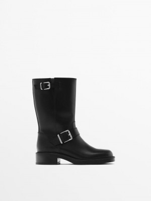 Massimo Dutti Flat With Buckles Women Ankle Boots Black | US-PG1892743