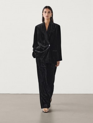 Massimo Dutti Flowing Crushed Velvet Women Trousers Black | US-YT5672031