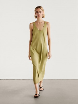Massimo Dutti Flowing Midi Women Dress Green | US-YW9681742