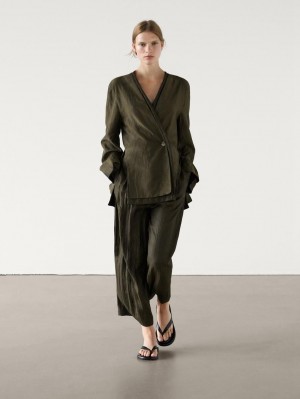 Massimo Dutti Flowing Pleated Co-ord Women Trousers Dark Olive | US-KY6719543