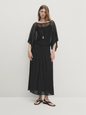 Massimo Dutti Flowing Pleated Linen Blend Women Skirts Black | US-SD2931745
