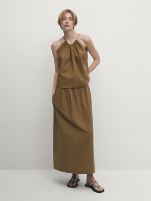 Massimo Dutti Gathered Cotton Co-ord Women Top Brown | US-BK1582379
