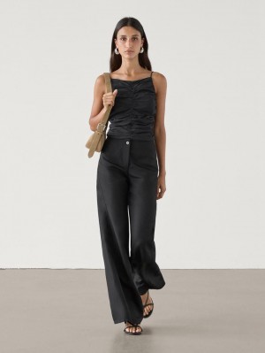 Massimo Dutti Gathered Linen Blend Women Top Black | US-LA0587241