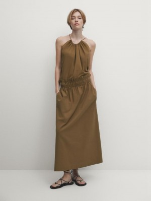 Massimo Dutti Gathered Waist Detail Women Skirts Brown | US-MY9856741