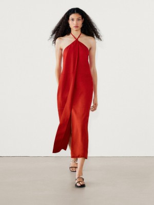 Massimo Dutti Halter Midi With Pleated Detail Women Dress Red | US-KH0769318