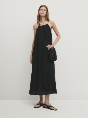 Massimo Dutti Halterneck Midi With Pleated Detail Women Dress Black | US-OW6743029