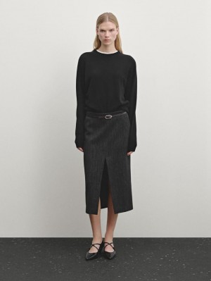 Massimo Dutti Herringbone Midi With Slit Women Skirts Black | US-DR2350714