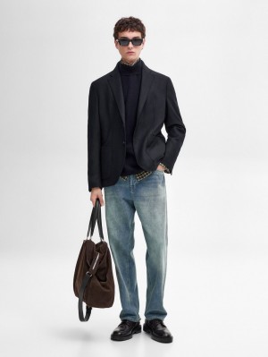 Massimo Dutti Herringbone Wool Blend Men Blazer Navy | US-XT4932017